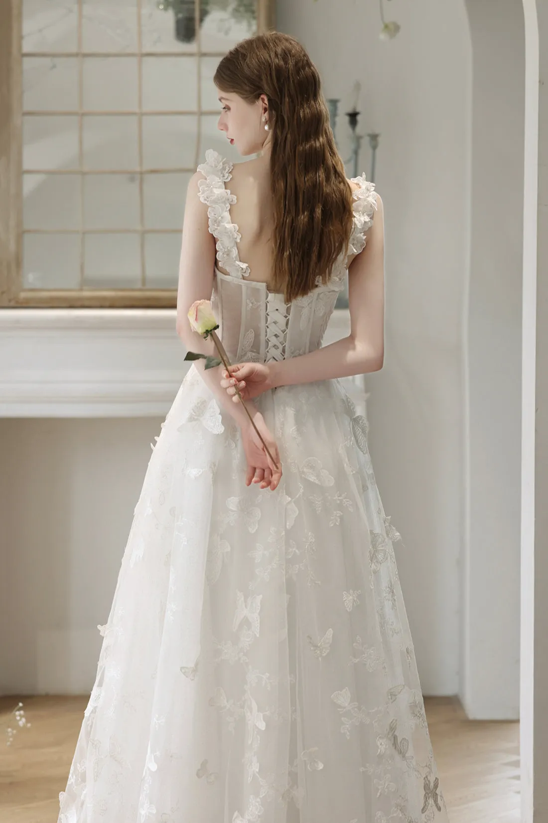 White Lace with Butterflies Long Formal Dress, White Prom Dress