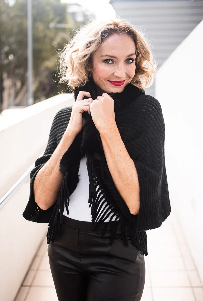 Willow Tree Faux Fur Knit Poncho Black One Size