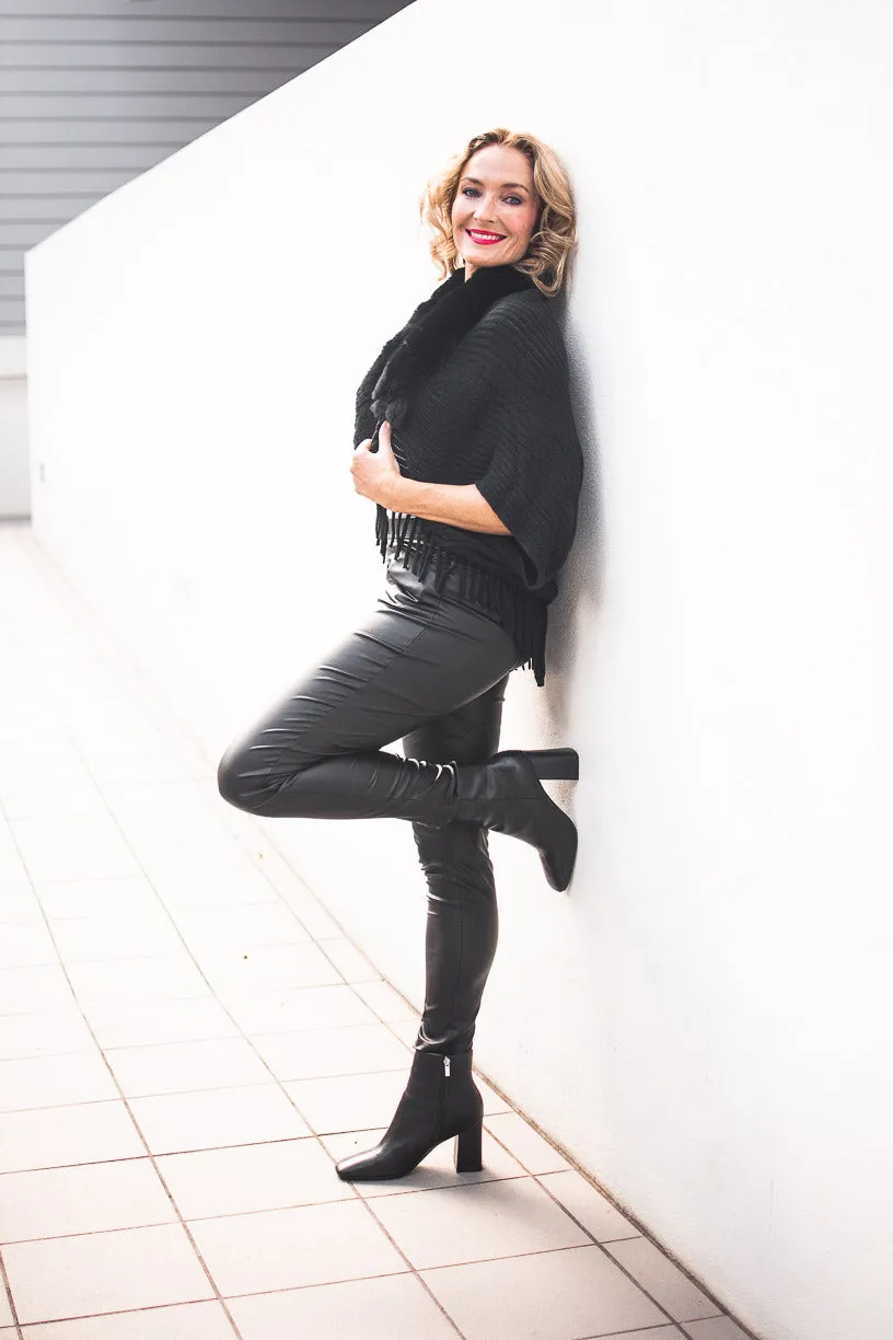 Willow Tree Faux Fur Knit Poncho Black One Size