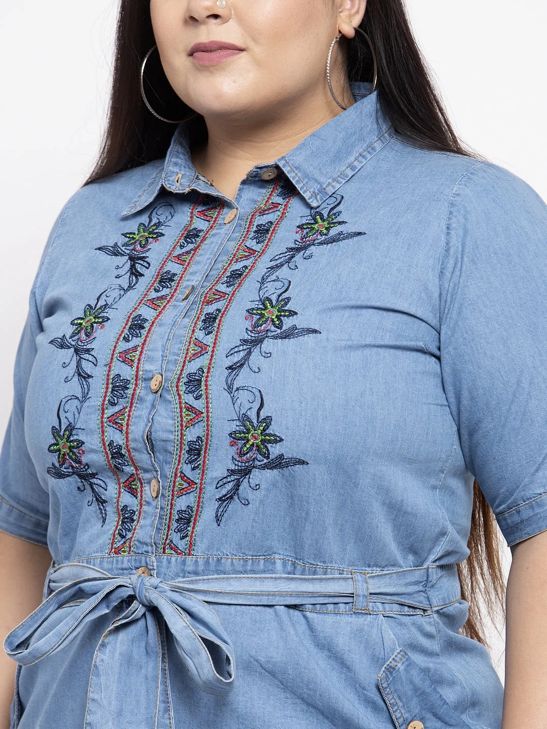 Women Blue Embroidered Tunic