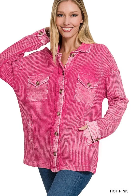 Zenana Clothing Cotton Waffle Acid Wash Long Sleeve Shacket