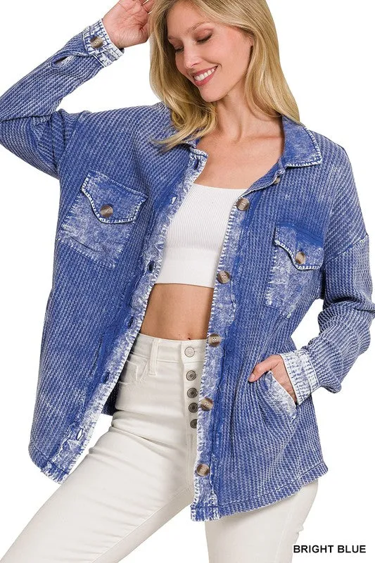 Zenana Clothing Cotton Waffle Acid Wash Long Sleeve Shacket