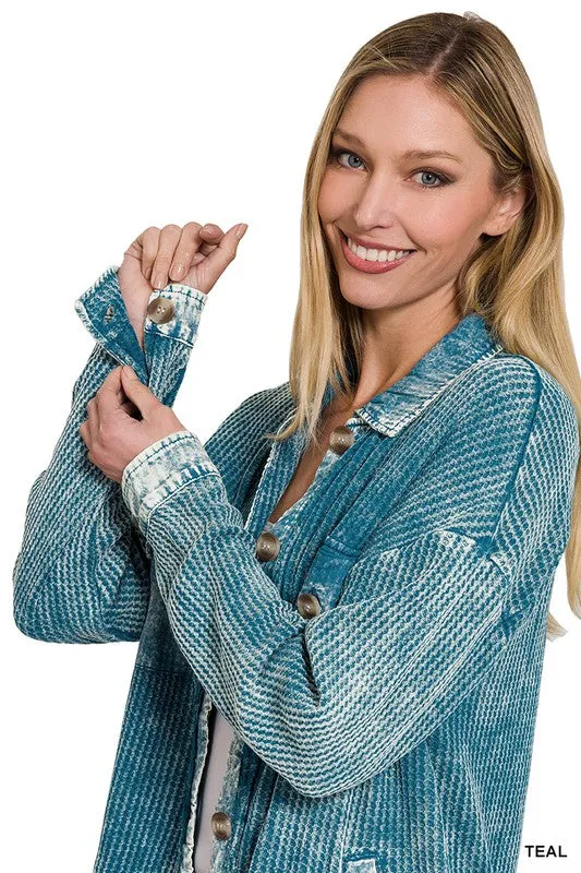 Zenana Clothing Cotton Waffle Acid Wash Long Sleeve Shacket