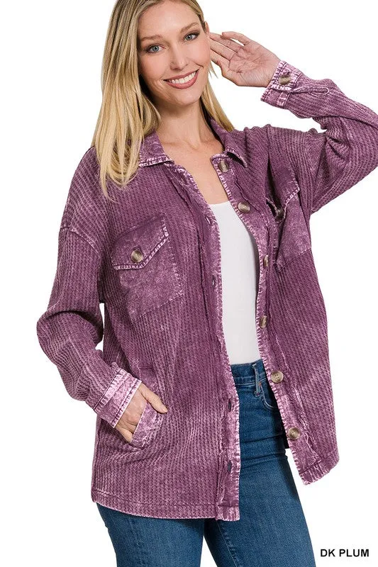 Zenana Clothing Cotton Waffle Acid Wash Long Sleeve Shacket