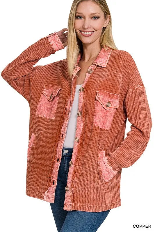 Zenana Clothing Cotton Waffle Acid Wash Long Sleeve Shacket