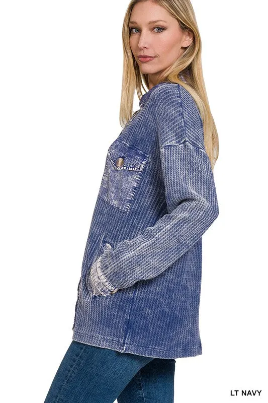 Zenana Clothing Cotton Waffle Acid Wash Long Sleeve Shacket