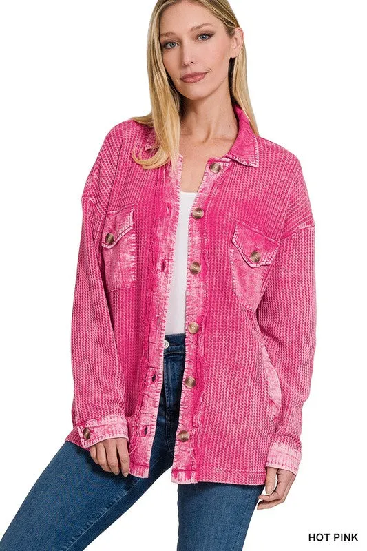 Zenana Clothing Cotton Waffle Acid Wash Long Sleeve Shacket